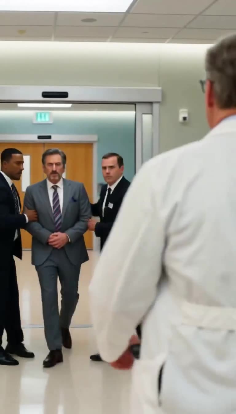 Security guards flank and apprehend the disgraced physician in the hospital hallway