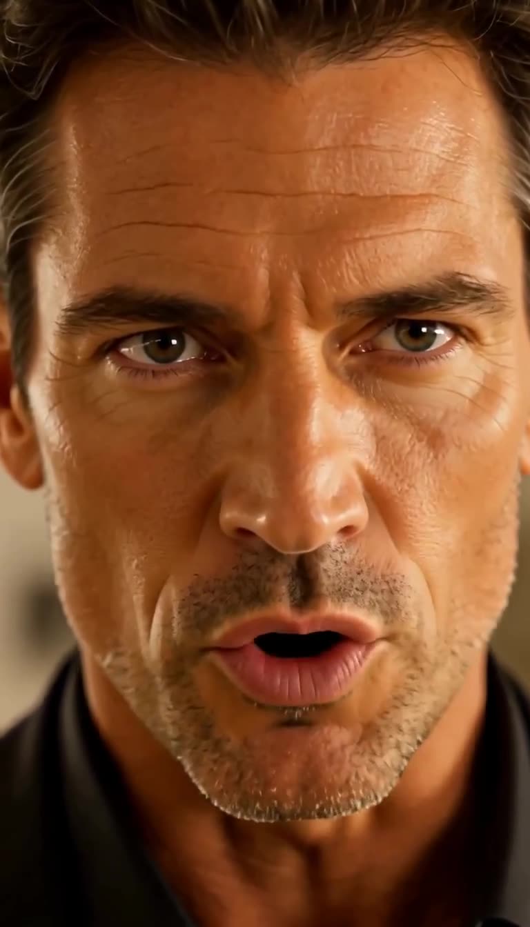 Extreme close-up of Robert confronting the doctor with fierce authority