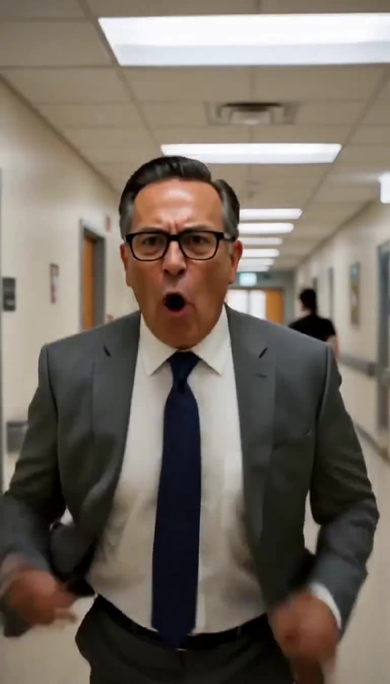 Director Arthur rushes down the hospital corridor, shouting in sheer panic