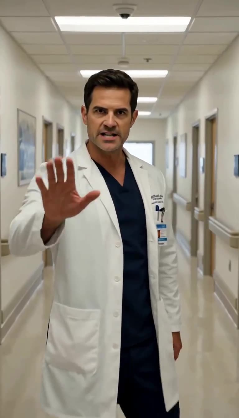 Dr. Nathan raises an authoritative hand in the corridor, coldly blocking entry.