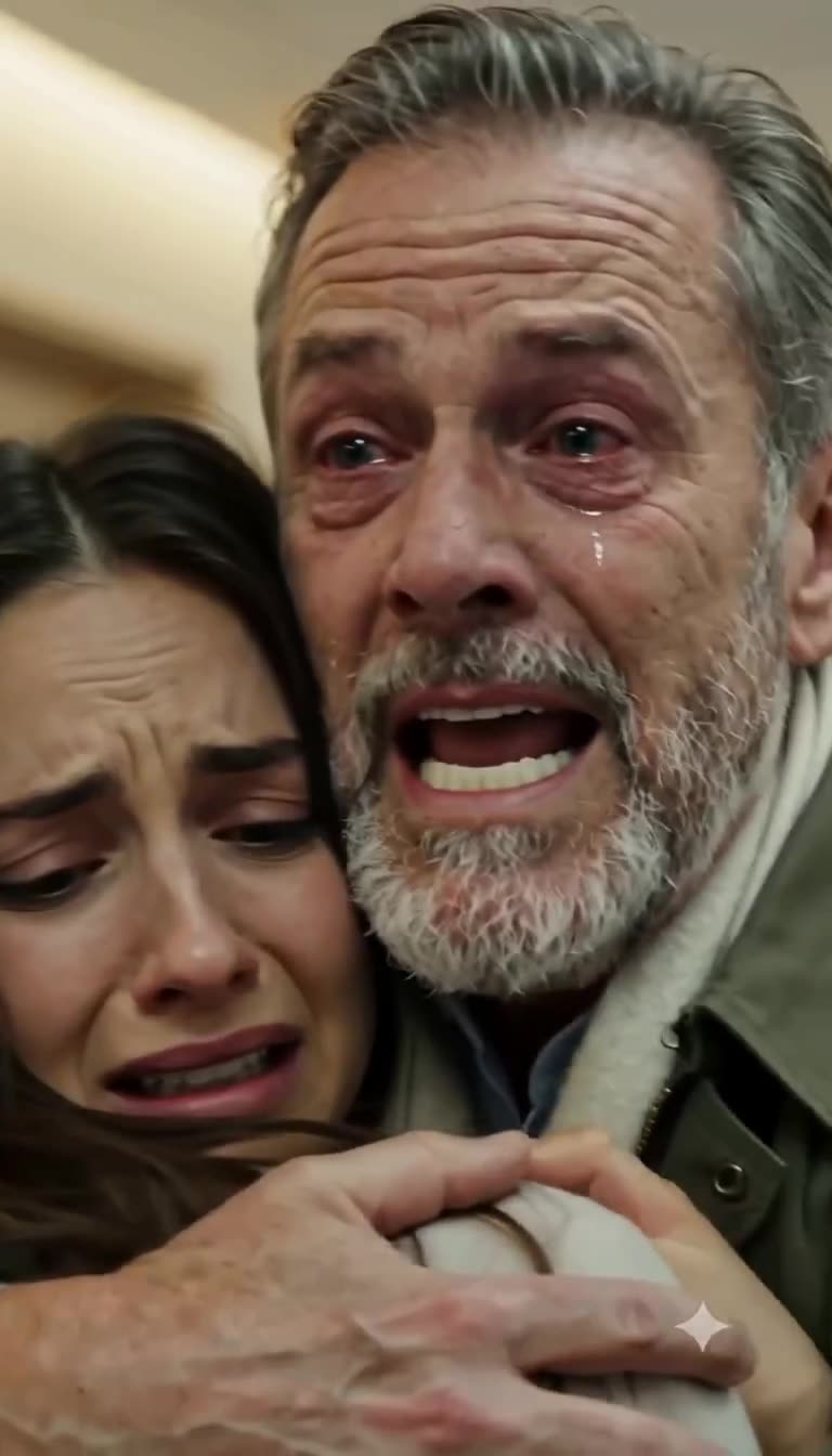 Robert weeps desperately while holding his traumatized daughter in the clinic corridor.