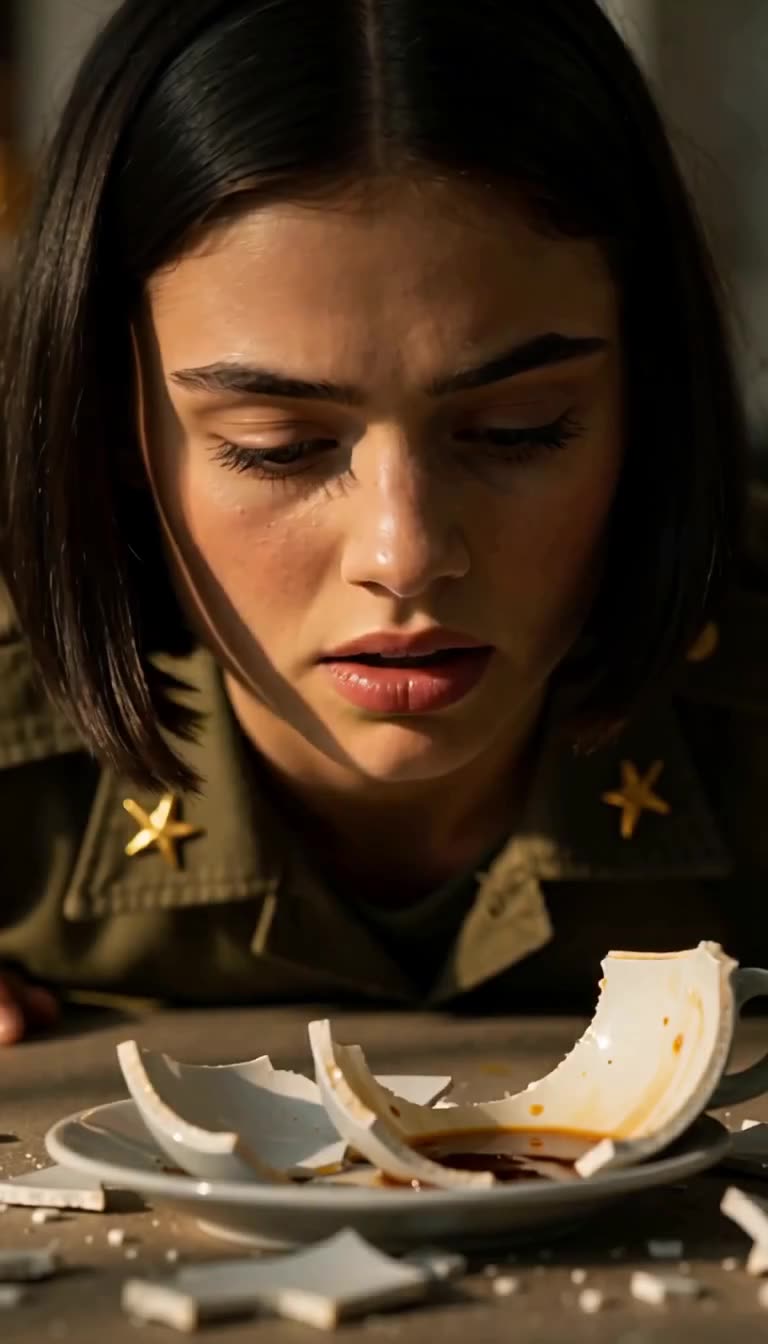 Major Evelyn Vance staring down in horror at the shattered ceramic coffee cup