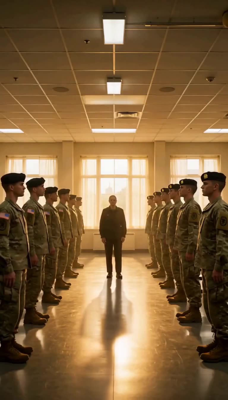 Soldiers stand at strict attention on either side of Commander Sarah under warm hall lights