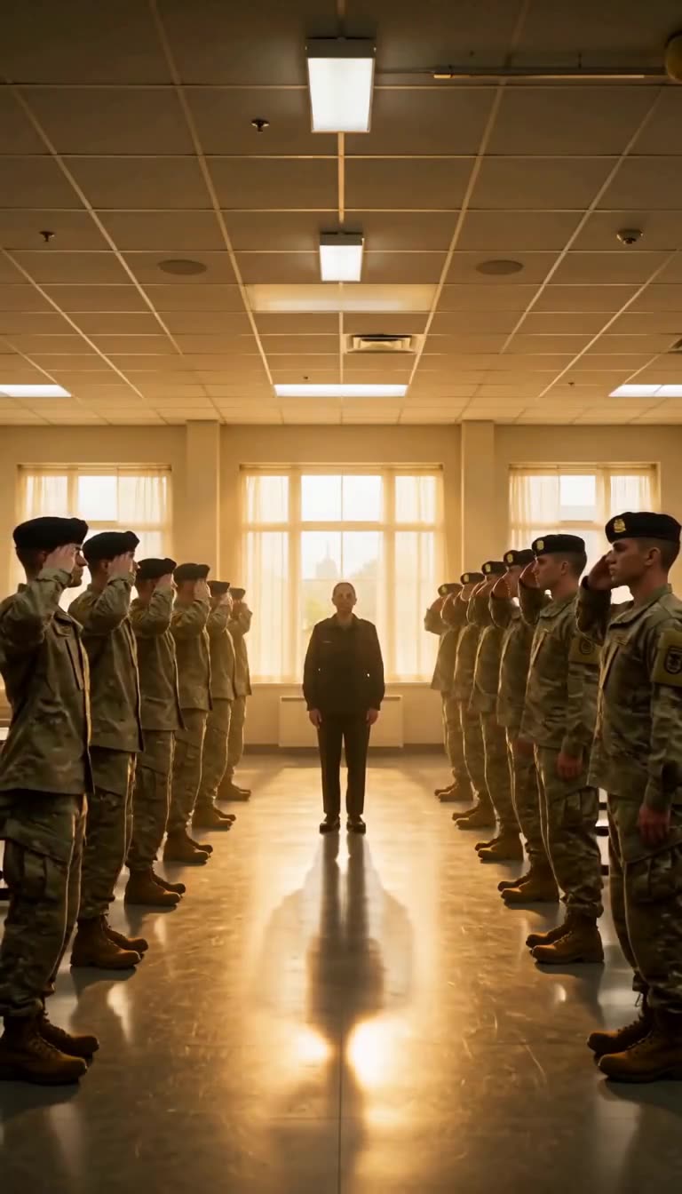 Symmetrical rows of military personnel salute Sarah down the golden sunlit mess hall