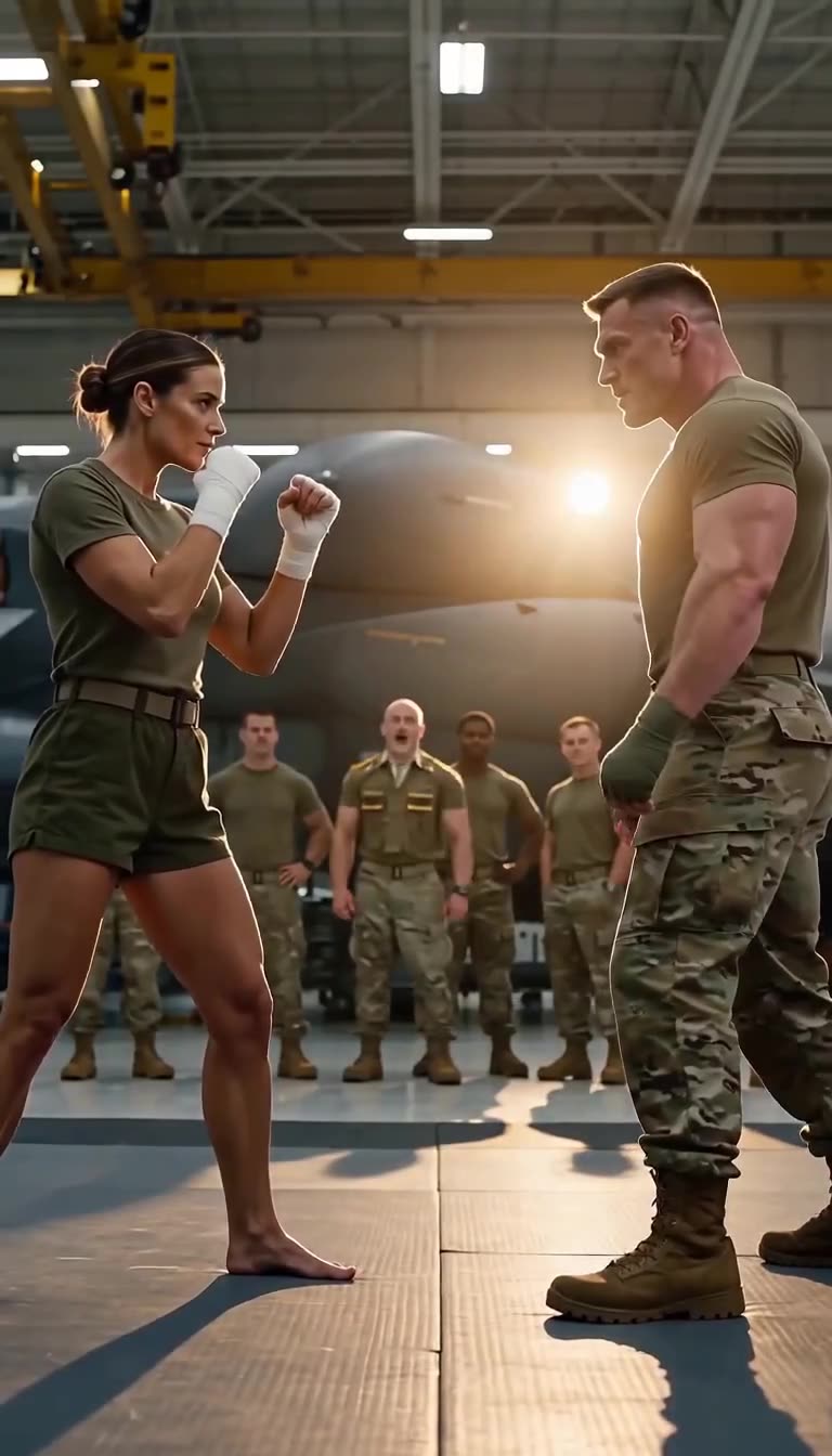 General Ward shouts the start command from behind as Morgan and Rocker lock eyes in an intense fight stance.
