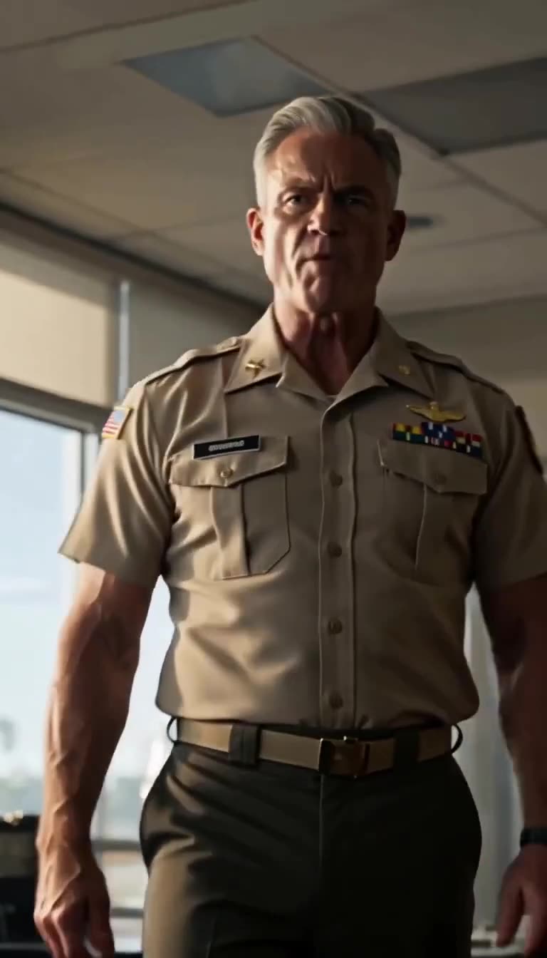 General Adrian Vance walks forward sternly in full uniform to take command of the tarmac