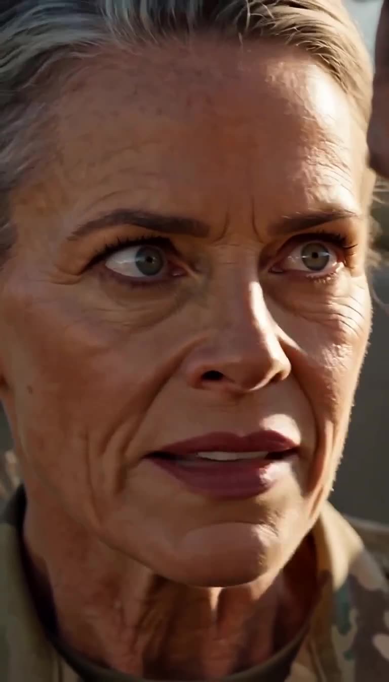 Extreme close-up of Colonel Hale registering the shocking truth about her husband
