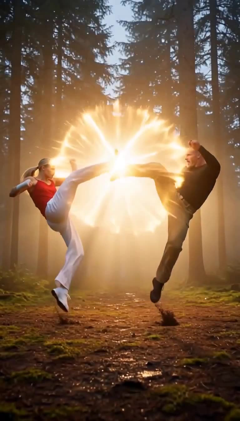 Spektakulärer Tritt im Sprung mit einer goldenen Energieexplosion zwischen beiden Kontrahenten.