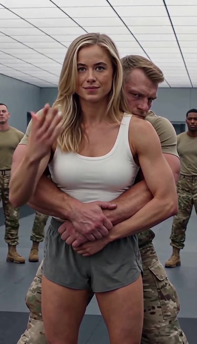 The female soldier smiles serenely while holding up fingers to begin a countdown from within the bear hug grip.