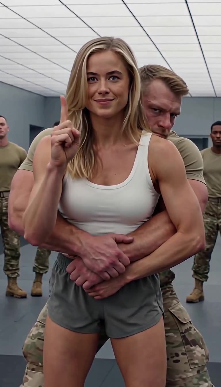 The blonde female soldier extends a single index finger to complete the countdown before executing her counter-sweep.