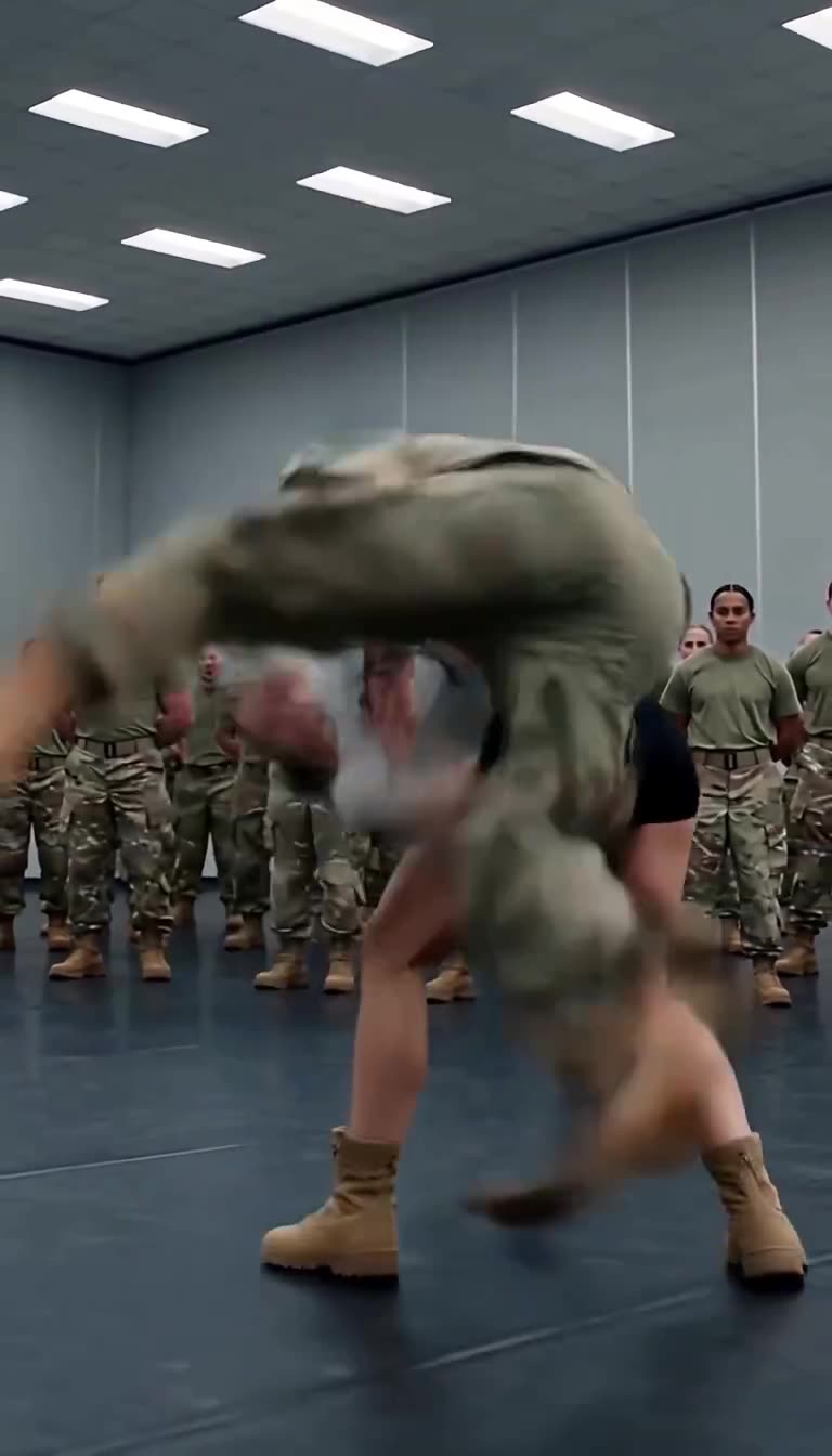 The female recruit throws the drill instructor over her hip mid-air onto the mat.