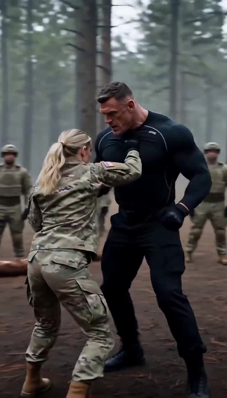 The soldier slips inside the heavy attack and lands a sharp palm strike against the man's chest.