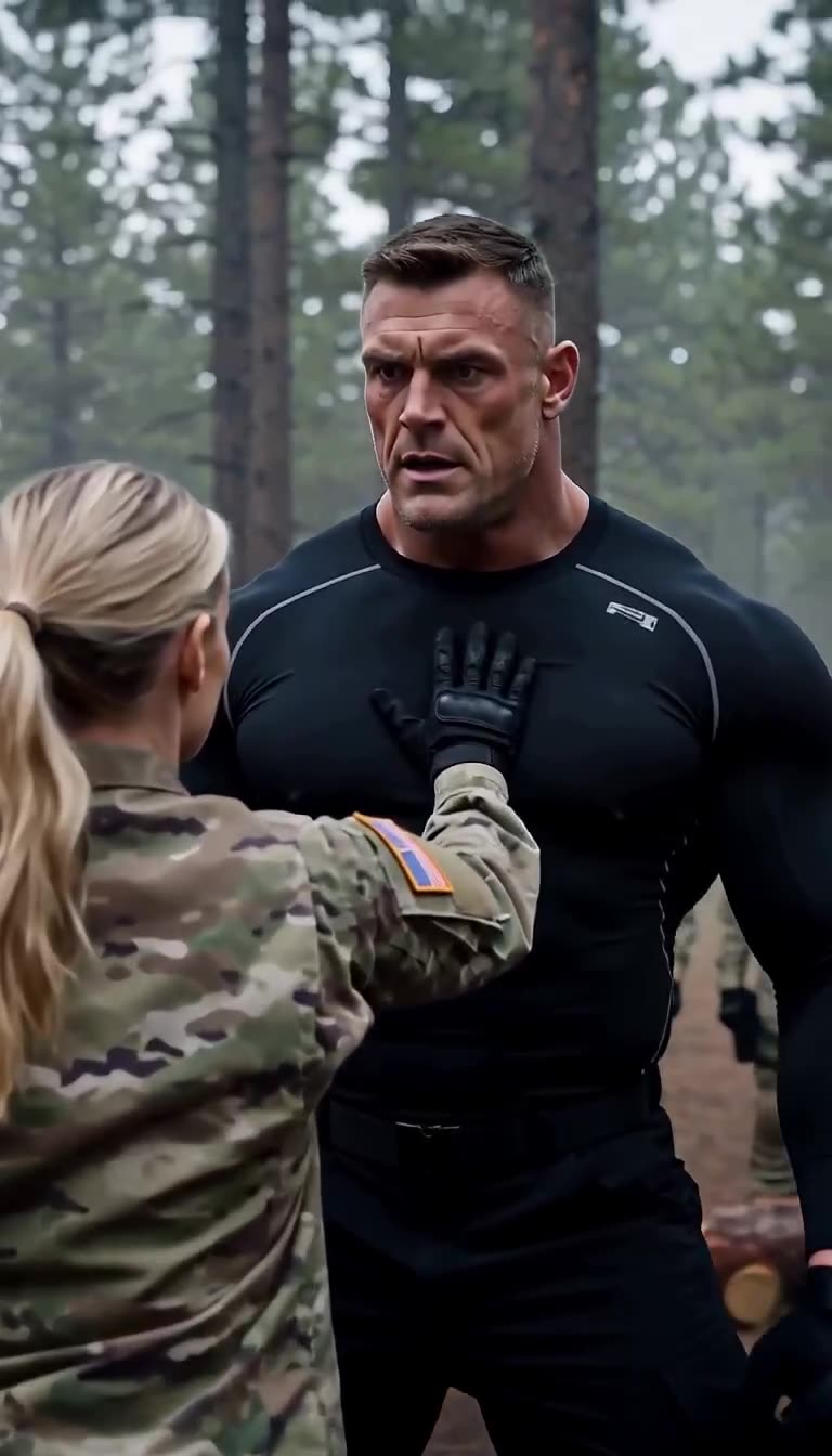The massive instructor recoils in visible shock as the female soldier holds her ground.