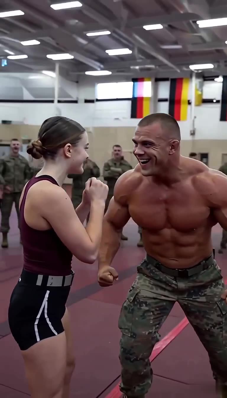 The smiling instructor and calm recruit square up with raised fists for round two.
