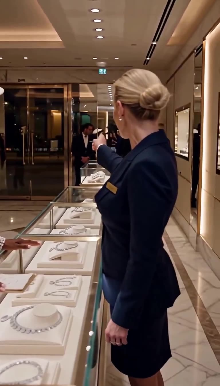 A luxury boutique sales associate points toward the door, ordering a customer to leave the store