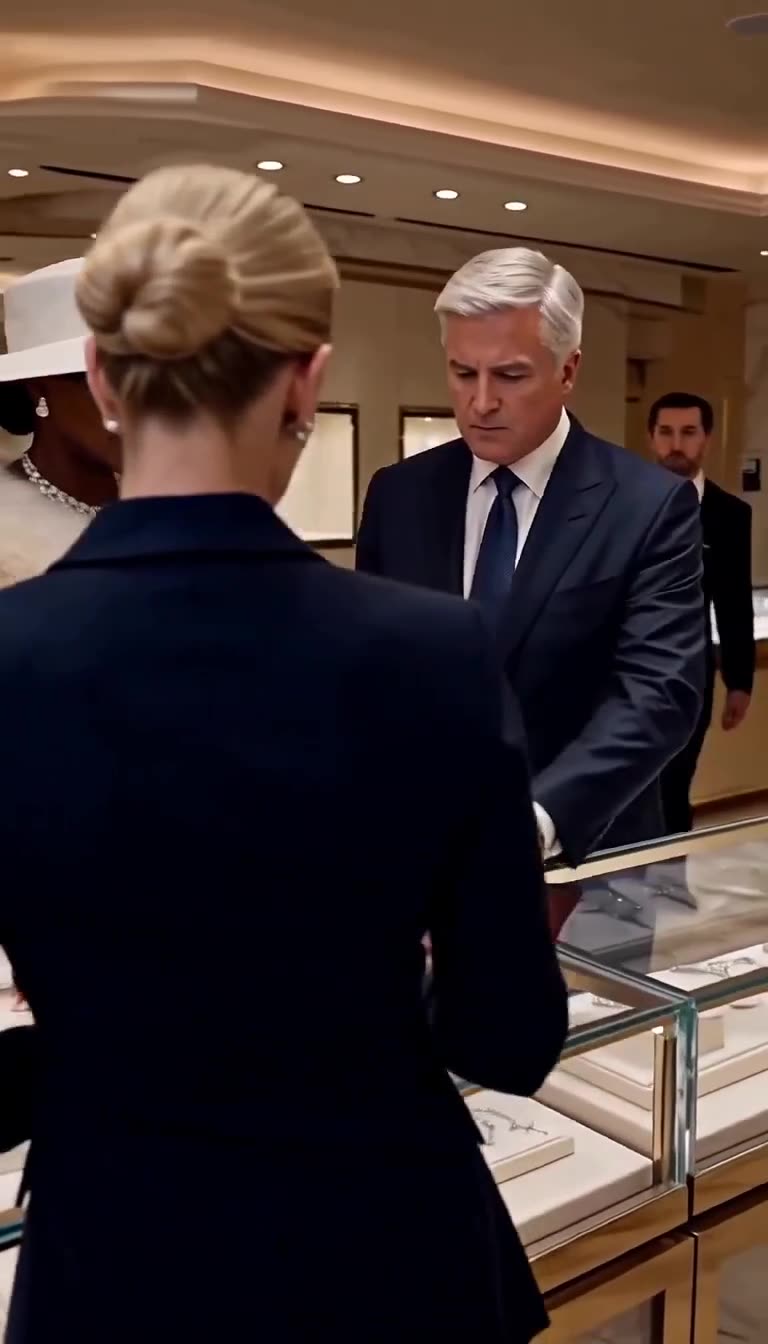 A senior executive in a suit bows respectfully to the customer as the stunned sales clerk watches in disbelief