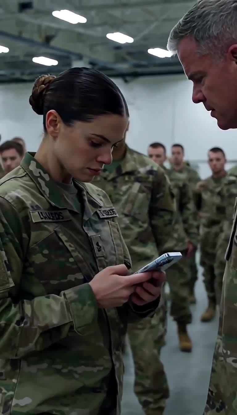 A female soldier looks down at the smartphone handed to her by her commanding officer in the hangar