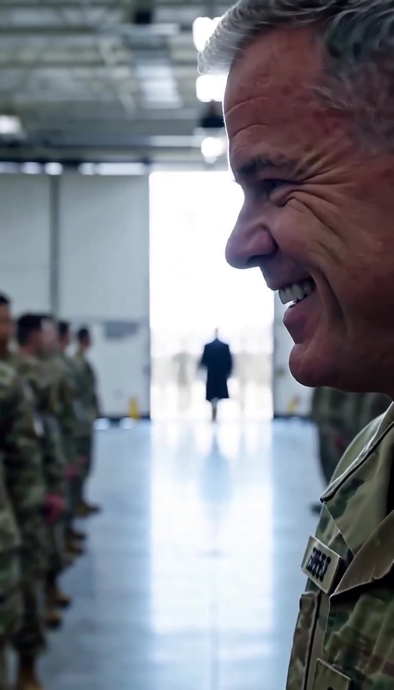 A senior military officer smirks as a shadowy figure in a long coat enters through the hangar bay doors