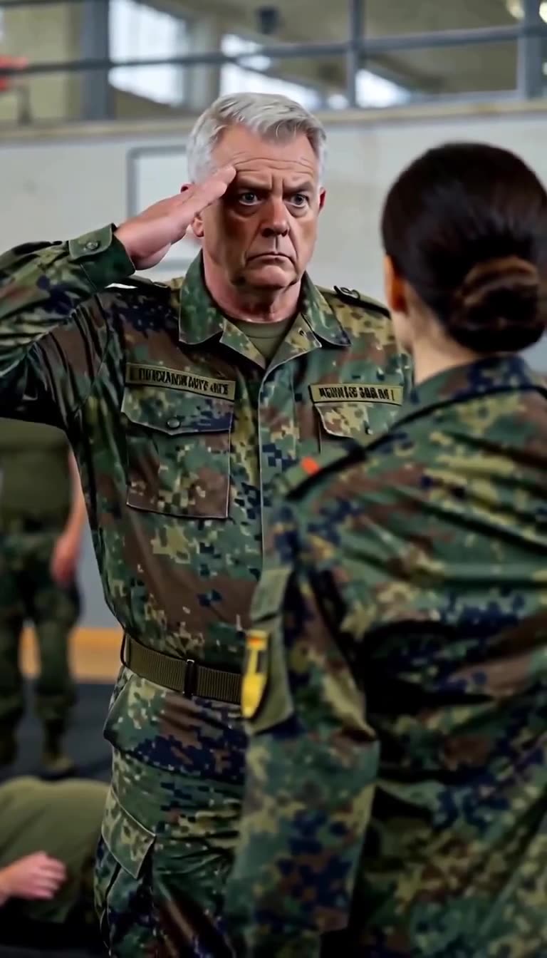 The veteran base commander standing at strict attention while saluting the female officer.