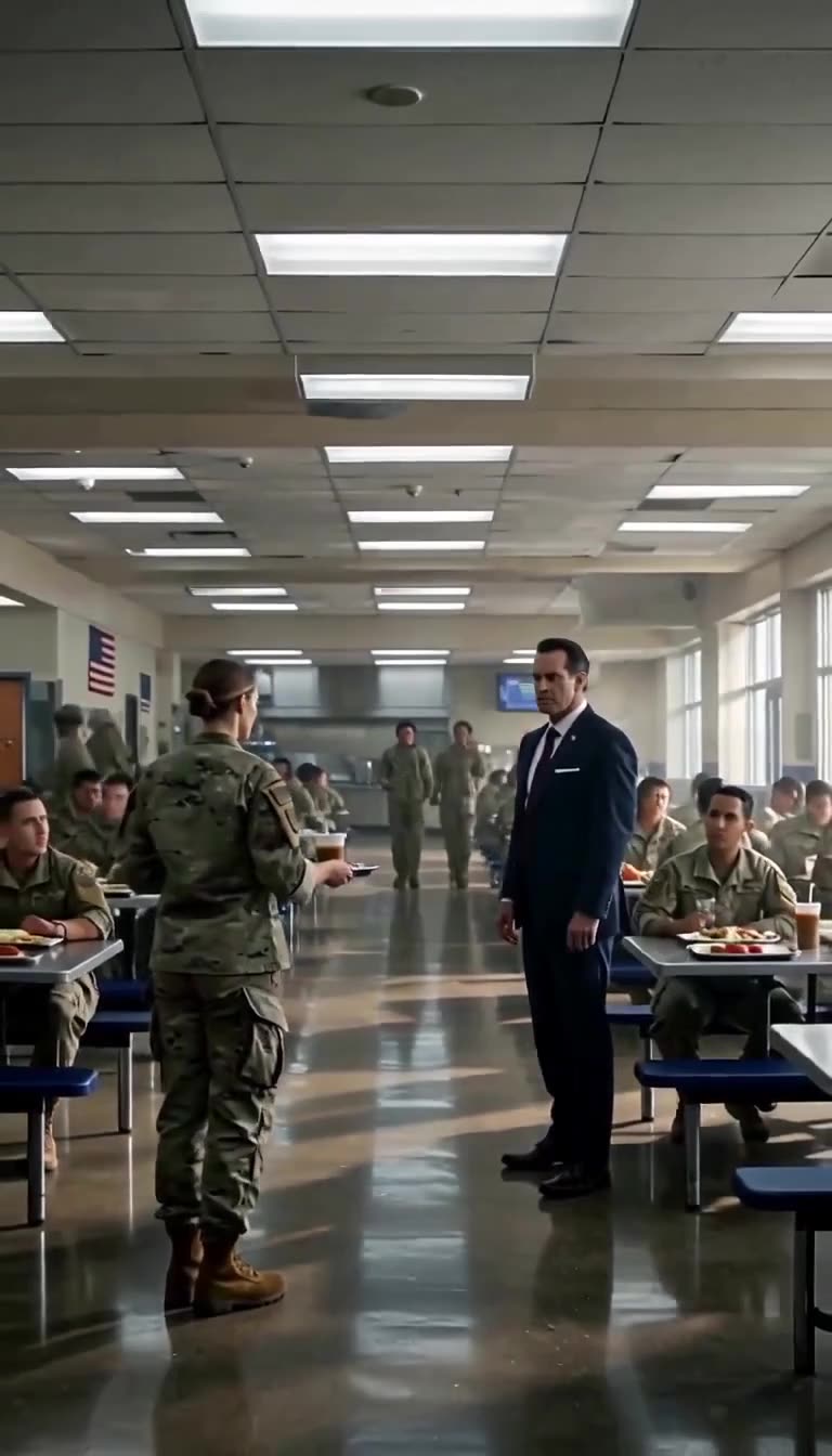 Captain Miller standing face-to-face with an arrogant politician in a tense chow hall standoff.