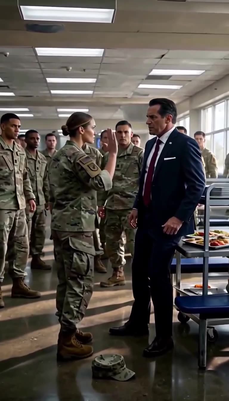 Captain Miller raising her hand to hold back standing troops while confronting the stunned official.