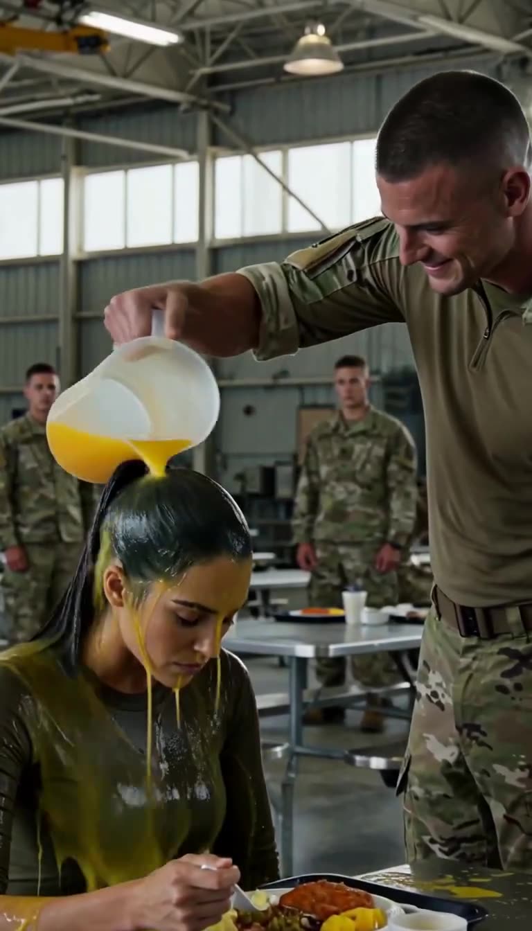 John pours the pitcher of orange juice over Elena's head while she remains calm and motionless