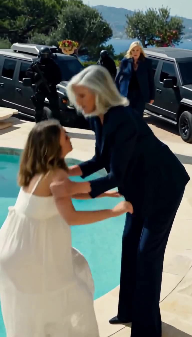 Madame Laurent leans down with outstretched hands to gently help Éléna to her feet by the pool.