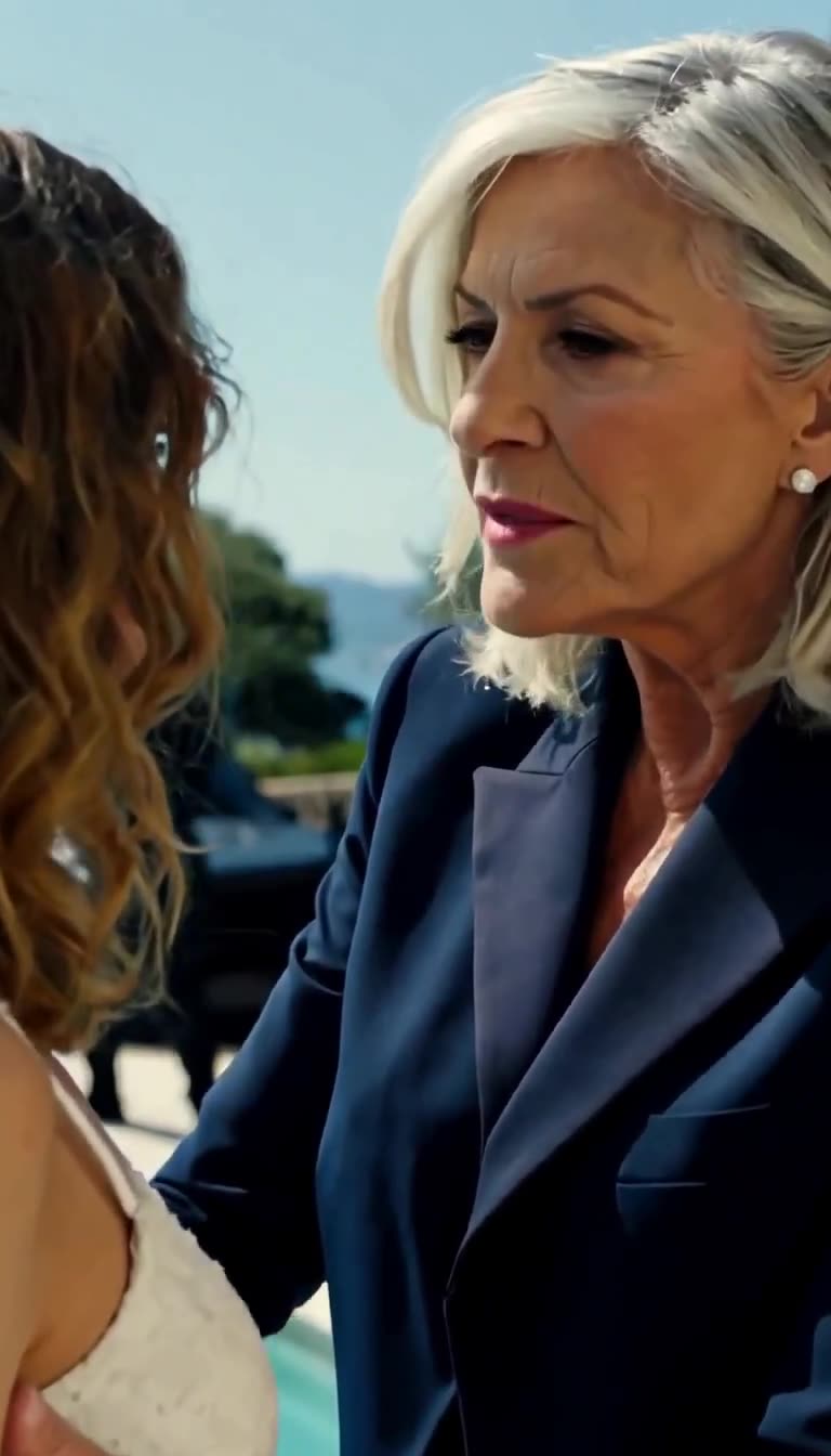 Madame Laurent looks on with a steely, protective expression after shielding her pregnant daughter.