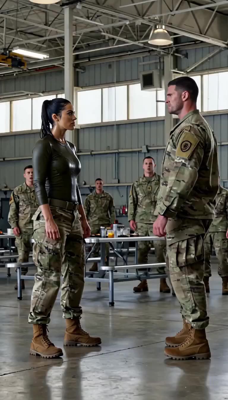 The drenched female soldier stands tall and confronts the sergeant eye to eye as onlookers watch in stunned silence.
