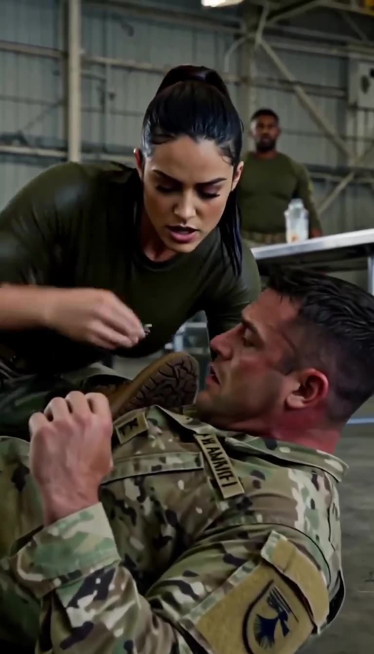 The female soldier pins the sergeant to the floor in a combat takedown and displays her undercover credentials.