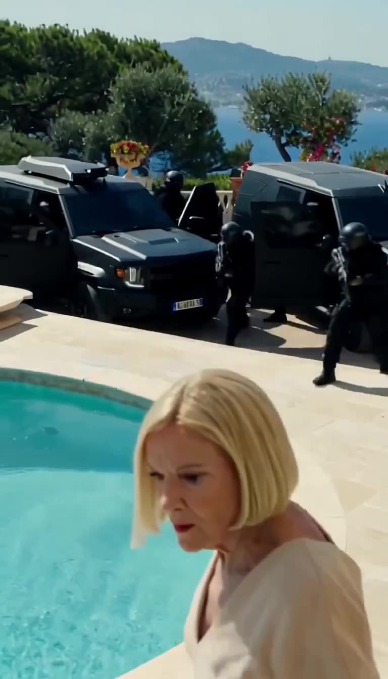 Heavily armored tactical trucks and armed guards breaching the estate while the blonde woman turns in shock