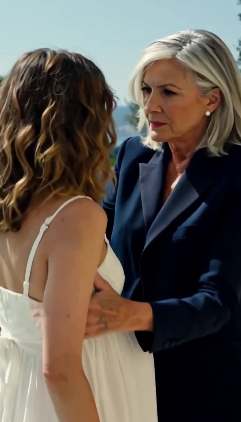 A powerful woman in a navy blazer embracing and protecting the pregnant heiress
