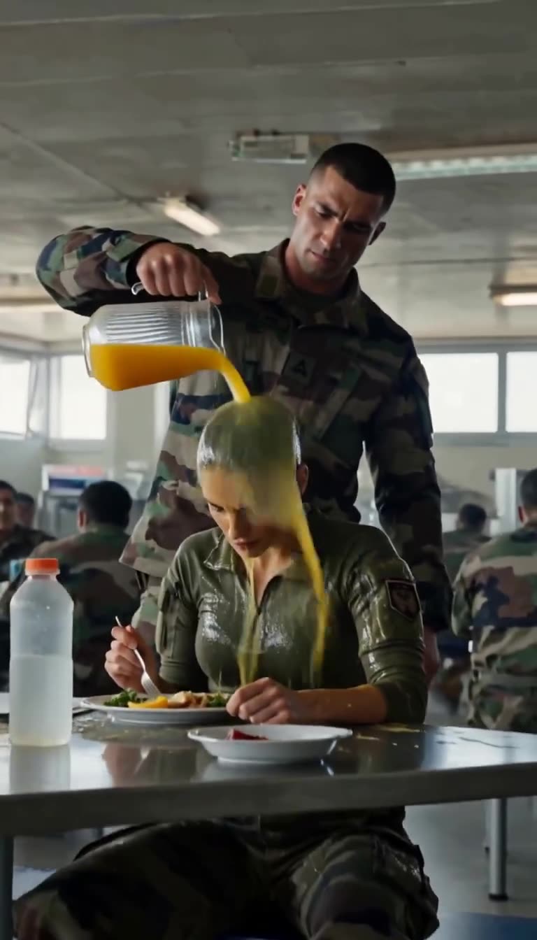 Julien pours orange juice over Élodie's head in a mess hall hazing attempt