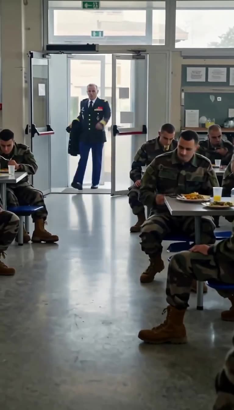 General Moreau strides into the cafeteria, prompting recruits to snap to attention