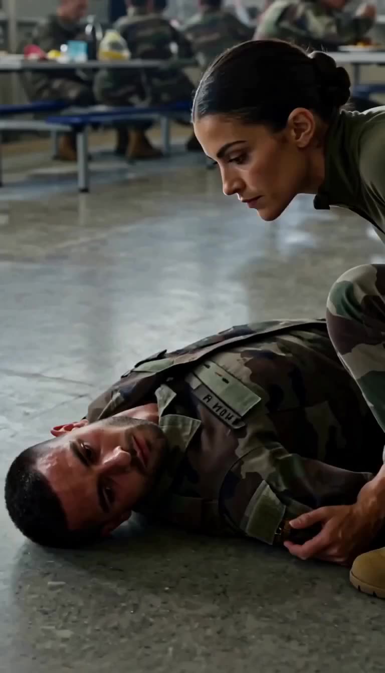 The female soldier effortlessly pins the aggressive male recruit down onto the concrete floor.