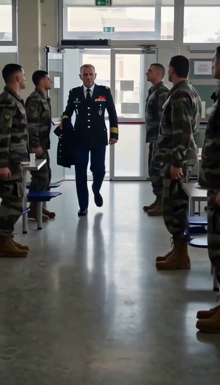 A four-star general enters the military hall as lined-up soldiers snap to strict attention.