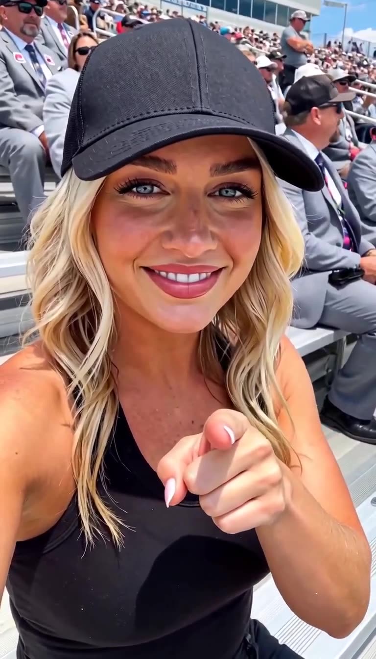 Samantha Miller pointing directly at the camera with a confident smile in the speedway VIP box