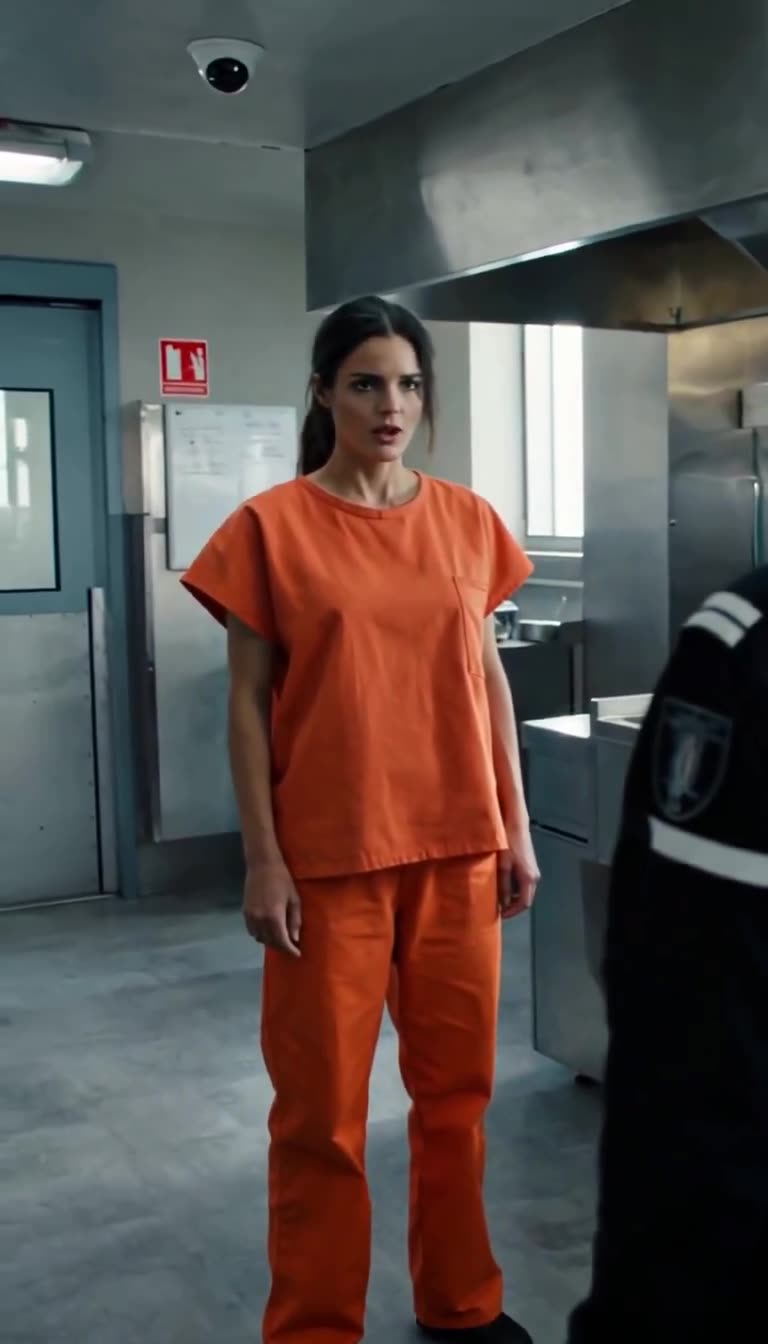 Camille stands calm and upright in her orange jumpsuit, gazing toward the overhead camera