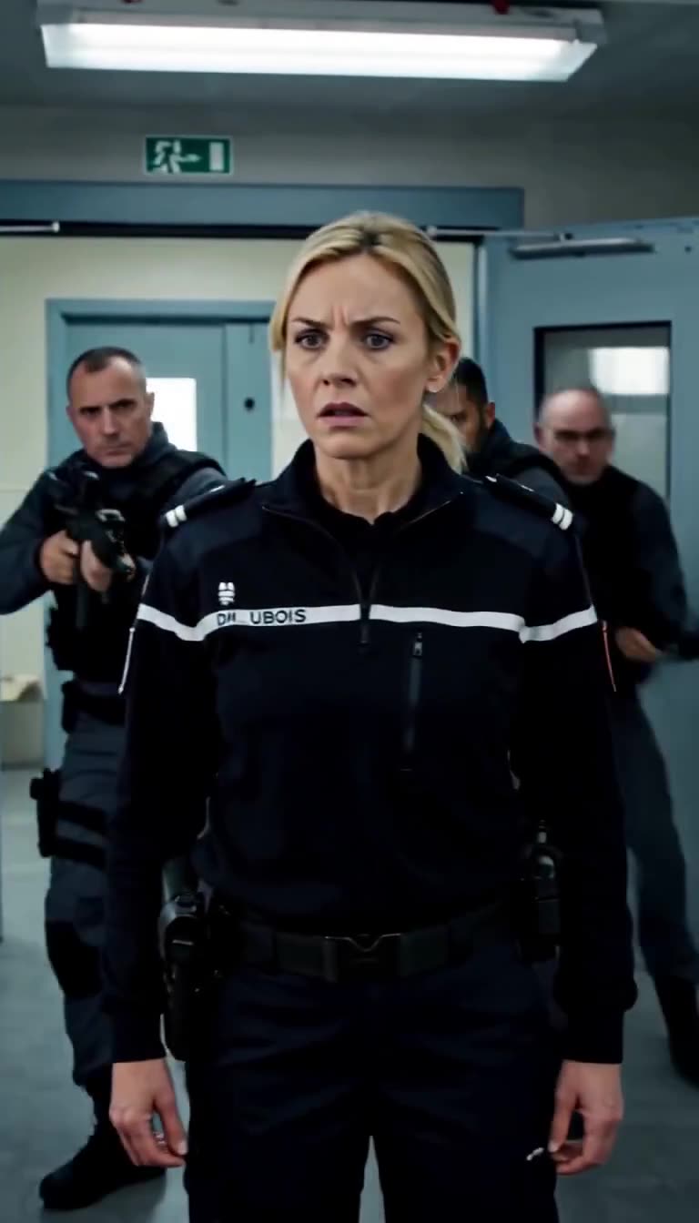 A stunned Guard Dubois pales as armed tactical officers breach the room and surround her.