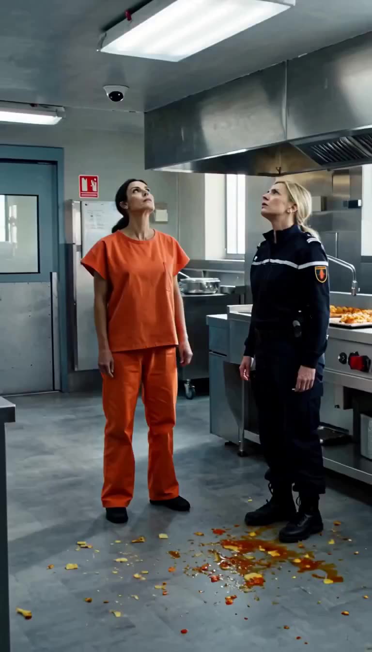 Léa and Camille looking up at the overhead security camera above the spilled food