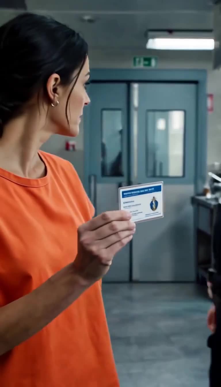 Léa displaying an official Justice Ministry inspector credential