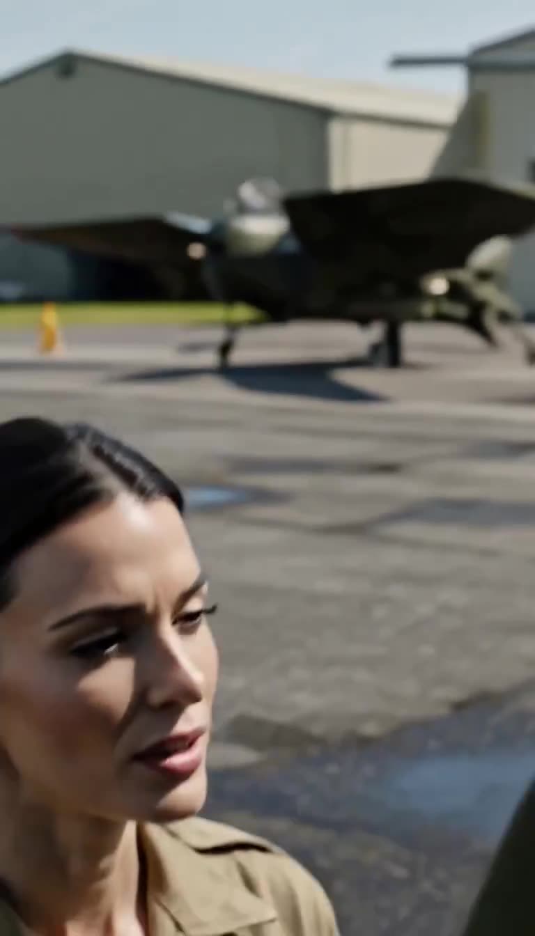 Lieutenant Elise glances up calmly against the backdrop of a military aircraft