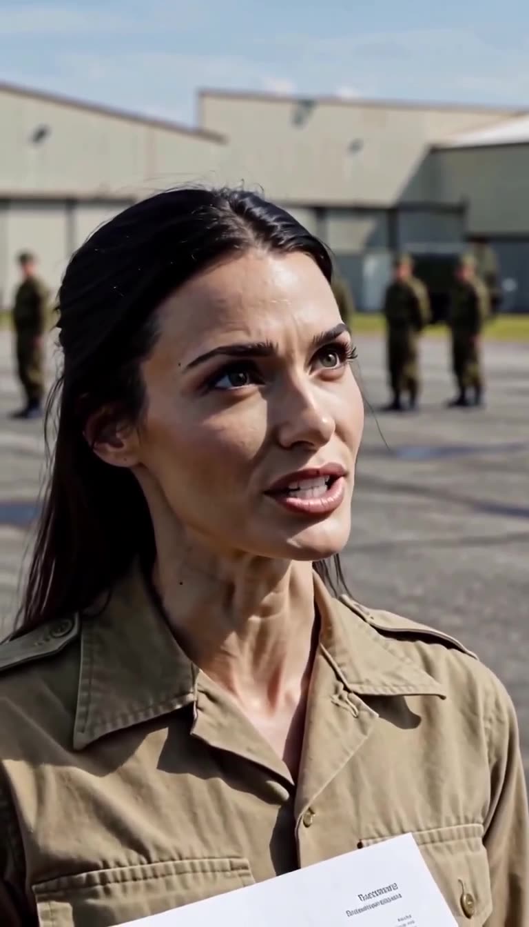 Close-up of Lieutenant Elise Morgan looking upward defiantly while presenting official Pentagon documentation