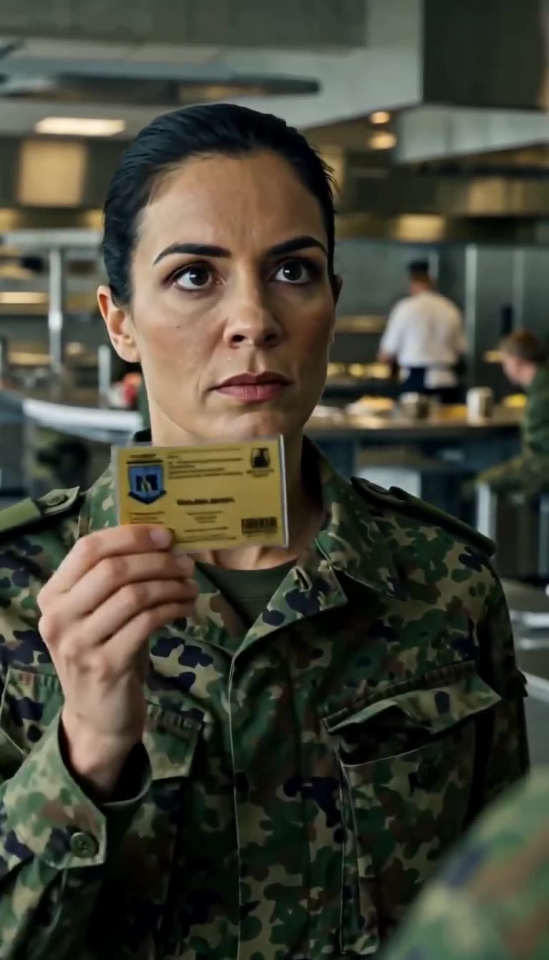 General Elena Berg präsentiert mit ruhigem Blick ihren goldenen Kommandoausweis.