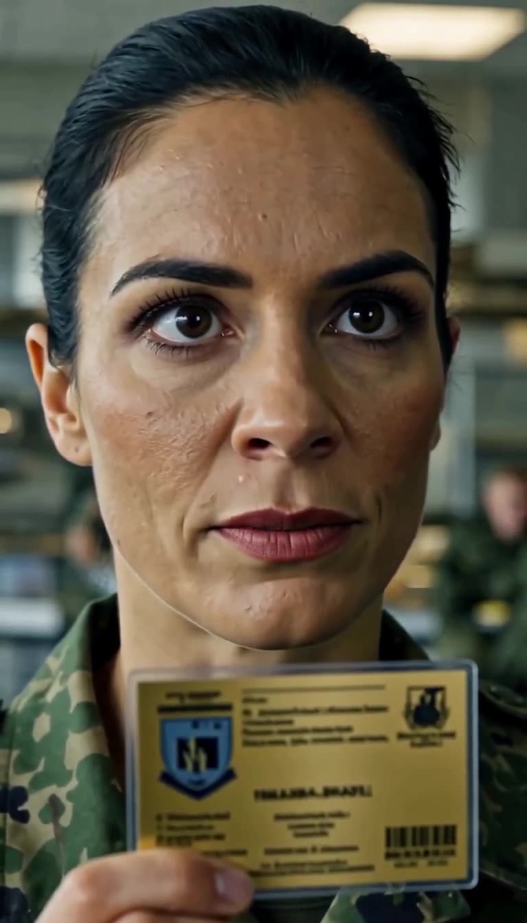 Großaufnahme von General Elena Berg, die mit stoischer Entschlossenheit ihre militärische Legitimation vorzeigt.