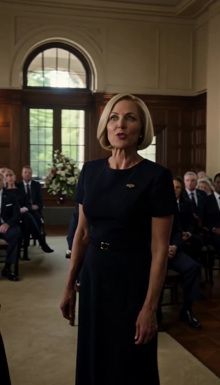Evelyn turns toward the audience with a cruel smile to deliver her accusation.