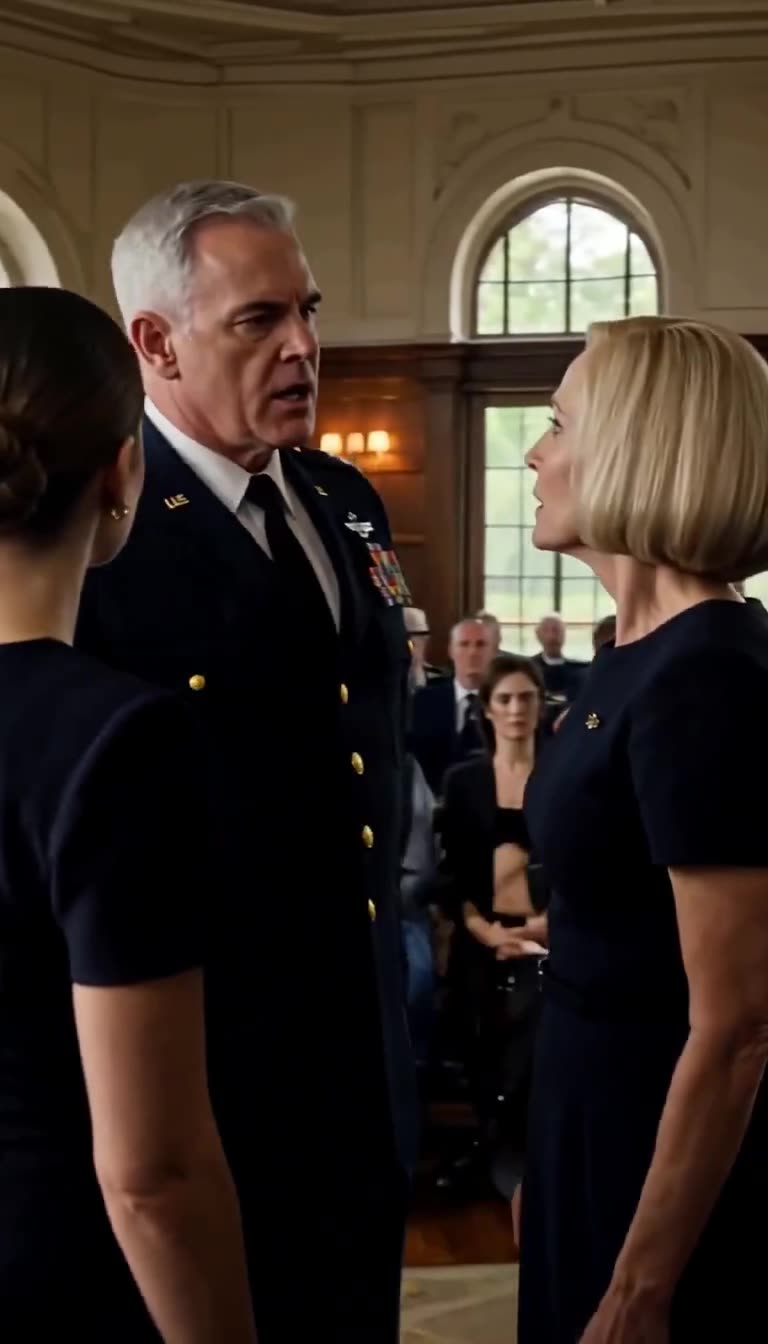 Commander Hayes steps between Evelyn and Claire with an imposing glare