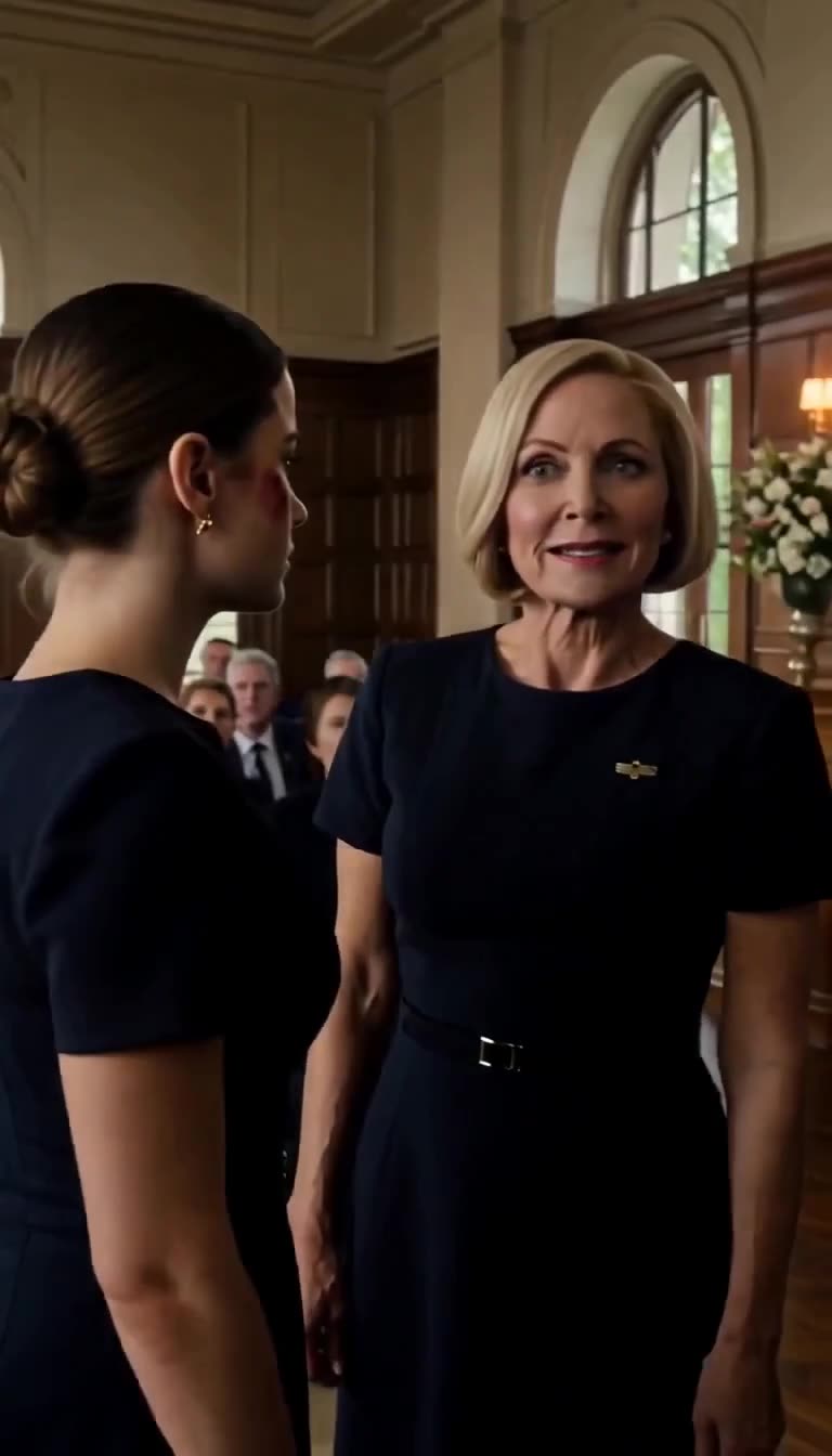 Evelyn addresses the gathering with a smug smile while Clare stands beside her