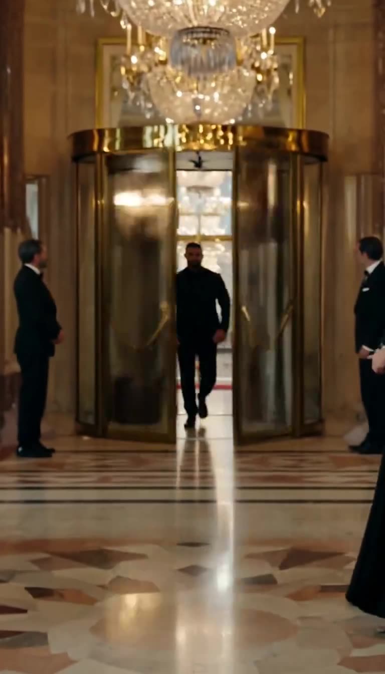 A muscular bodyguard dressed in black strides purposefully through the hotel's revolving glass doors.