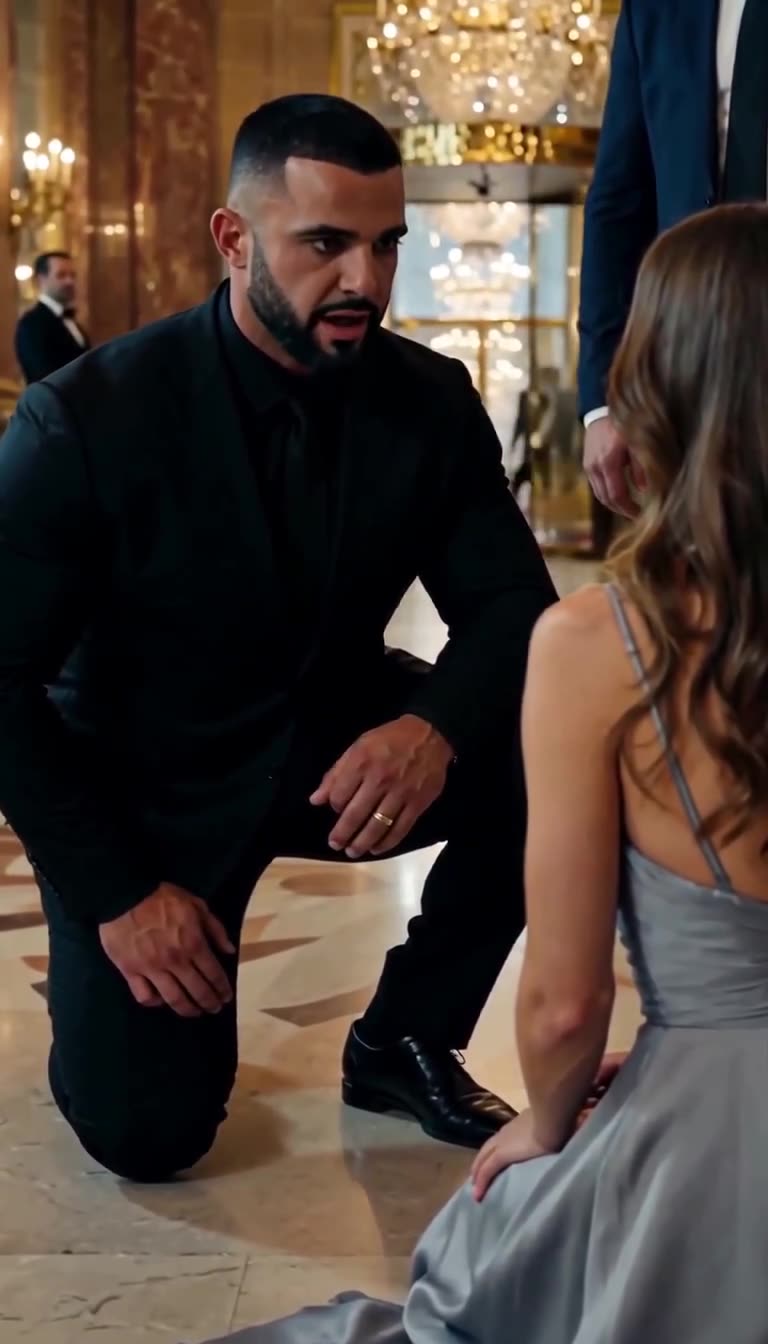 A muscular bodyguard addresses Elena respectfully on the marble lobby floor as Marcus looks on from behind.
